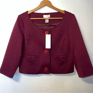 NWT Spiegel Cropped Ponte Knit Career Button Front Blazer Jacket Burgundy 12